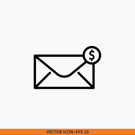 Vector message envelop and coin icon. Design concept of internet invoice, news money letter. Black icon flat line. Editable stroke.のイラスト素材