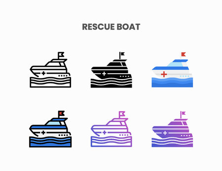 Rescue Boat icon set with line, outline, flat, filled, glyph, color, gradient. Can be used for digital product, presentation, print design and more.のイラスト素材