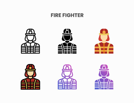 Firefighter icon set with line, outline, flat, filled, glyph, color, gradient. Can be used for digital product, presentation, print design and more.のイラスト素材