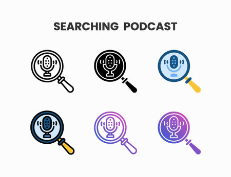 Find Podcast icon set with line, outline, glyph, filled line, flat color, line gradient and flat gradient. Can be used for digital product, presentation, print design and more.のイラスト素材