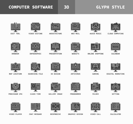Software Computer glyph icons. Set of coding, website, video player, music, gaming and more. Can used for digital product, presentation, UI and many more. Vector illustration on a white background.のイラスト素材