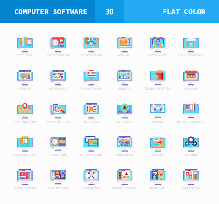 Software Computer flat color icons. Set of coding, website, video player, music and more. Can used for digital product, presentation, UI and many more. Vector illustration on a white background.のイラスト素材