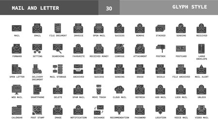Mail and Letter glyph style icons. Set of mail, email, letter, delivery, message and many more. Can used for digital product, presentation, UI and more. Vector illustration on a white background.のイラスト素材
