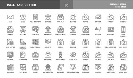 Mail and Letter line style icons. Editable stroke and pixel perfect. Set of mail, email, letter, delivery, message and many more. Can used for digital product, presentation, UI and more.のイラスト素材