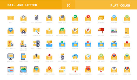 Mail and Letter flat color style icons. Set of mail, email, letter, delivery, message and more. Can used for digital product, presentation, UI and more. Vector illustration on a white background.のイラスト素材