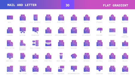 Mail and Letter flat gradient style icons. Set of mail, email, letter, delivery, message and more. Can used for digital product, presentation, UI and more. Vector illustration on a white background.のイラスト素材