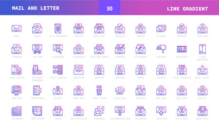 Mail and Letter line gradient style icons. Set of mail, email, letter, delivery, message and more. Can used for digital product, presentation, UI and more. Vector illustration on a white background.のイラスト素材