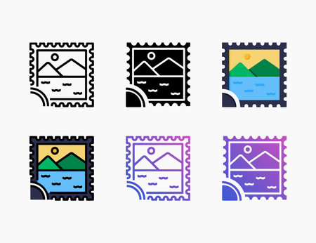 Postage Stamp icon set with line, outline, flat, filled, glyph, color, gradient. Can be used for digital product, presentation, print design and more.のイラスト素材
