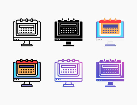 Calendar icon set with line, outline, flat, filled, glyph, color, gradient. Can be used for digital product, presentation, print design and more.のイラスト素材