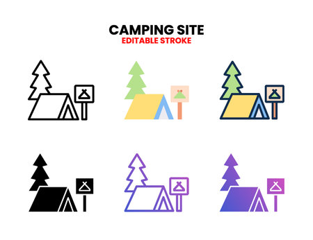 Camping Site icon set with line, outline, glyph, filled line, flat color, line gradient and flat gradient. Can used for digital product, presentation, UI and many more.のイラスト素材