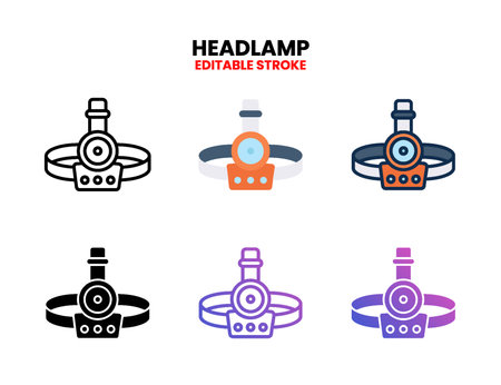Headlamp icon set with line, outline, glyph, filled line, flat color, line gradient and flat gradient. Editable stroke and pixel perfect. Can used for digital product, presentation, UI and many more.のイラスト素材