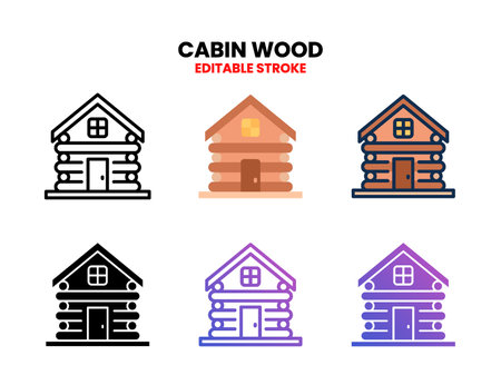 Cabin Wood icon set with line, outline, glyph, filled line, flat color, line gradient and flat gradient. Can used for digital product, presentation, UI and many more.のイラスト素材