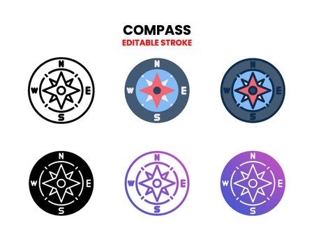 Compass icon set with line, outline, glyph, filled line, flat color, line gradient and flat gradient. Can used for digital product, presentation, UI and many more.のイラスト素材