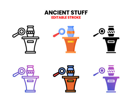 Ancient Stuff Vase icon set with line, outline, flat, filled, glyph, color, gradient. Editable stroke and pixel perfect. Can be used for digital product, presentation, print design and more.のイラスト素材