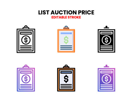 Pricelist Auction icon set with line, outline, flat, filled, glyph, color, gradient. Editable stroke and pixel perfect. Can be used for digital product, presentation, print design and more.のイラスト素材