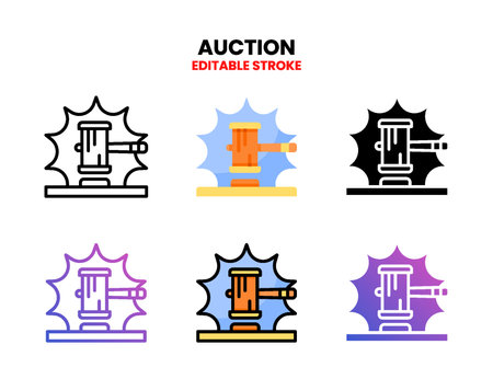 Auction icon set with line, outline, flat, filled, glyph, color, gradient. Editable stroke and pixel perfect. Can be used for digital product, presentation, print design and more.のイラスト素材