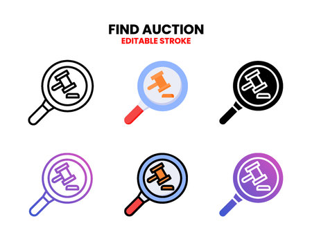 Observe With Gavel icon set with line, outline, flat, filled, glyph, color, gradient. Editable stroke and pixel perfect. Can be used for digital product, presentation, print design and more.のイラスト素材