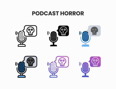 Horror Podcast icon set with line, outline, glyph, filled line, flat color, line gradient and flat gradient. Can be used for digital product, presentation, print design and more.のイラスト素材