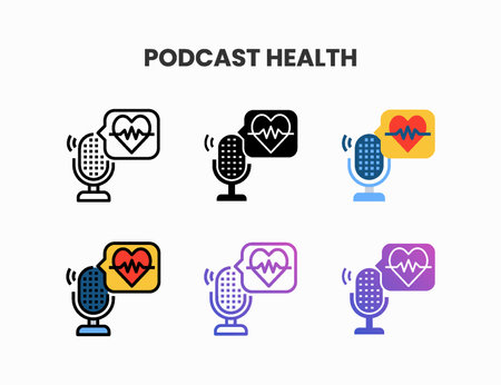 Healthcare Podcast icon set with line, outline, glyph, filled line, flat color, line gradient and flat gradient. Can be used for digital product, presentation, print design and more.のイラスト素材