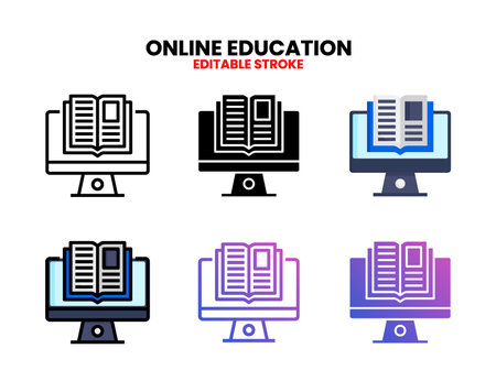 Online Education icon set with line, outline, flat, filled, glyph, color, gradient. Editable stroke and pixel perfect. Can be used for digital product, presentation, print design and more.のイラスト素材