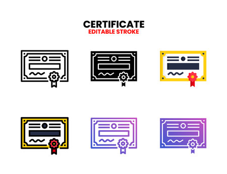 Certificate icon set with line, outline, flat, filled, glyph, color, gradient. Editable stroke and pixel perfect. Can be used for digital product, presentation, print design and more.のイラスト素材