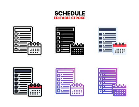 Schedule icon set with line, outline, flat, filled, glyph, color, gradient. Editable stroke and pixel perfect. Can be used for digital product, presentation, print design and more.のイラスト素材