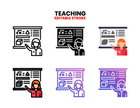 Teaching icon set with line, outline, flat, filled, glyph, color, gradient. Editable stroke and pixel perfect. Can be used for digital product, presentation, print design and more.のイラスト素材
