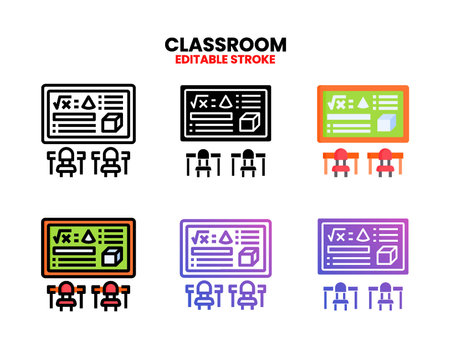 Classroom icon set with line, outline, flat, filled, glyph, color, gradient. Editable stroke and pixel perfect. Can be used for digital product, presentation, print design and more.のイラスト素材