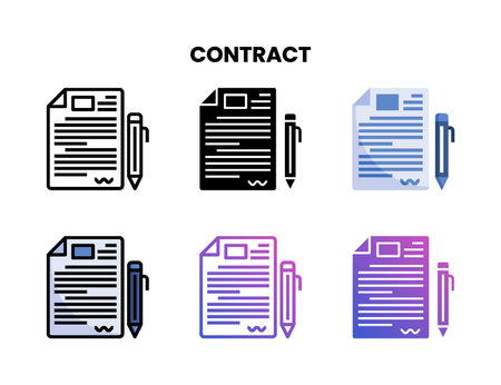 Contract icon set with line, outline, flat, filled, glyph, color, gradient. Can be used for digital product, presentation, print design and more.のイラスト素材