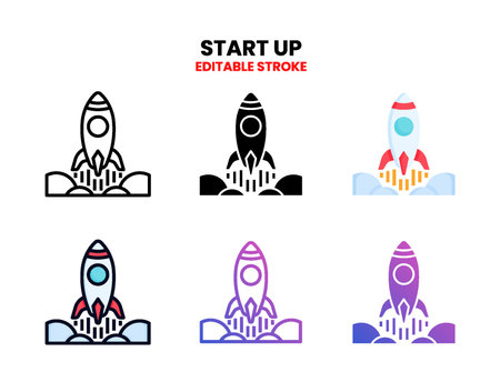 Start Up icon set with line, outline, flat, filled, glyph, color, gradient. Editable stroke and pixel perfect. Can be used for digital product, presentation, print design and more.のイラスト素材