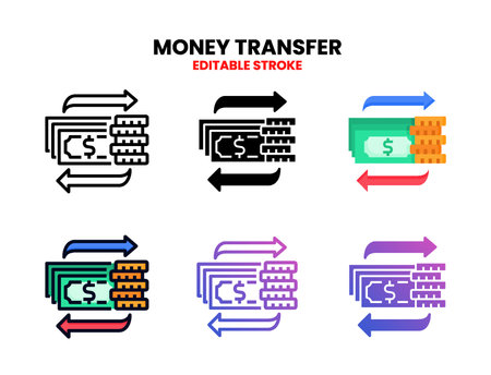 Money Transfer icon set with line, outline, flat, filled, glyph, color, gradient. Editable stroke and pixel perfect. Can be used for digital product, presentation, print design and more.のイラスト素材