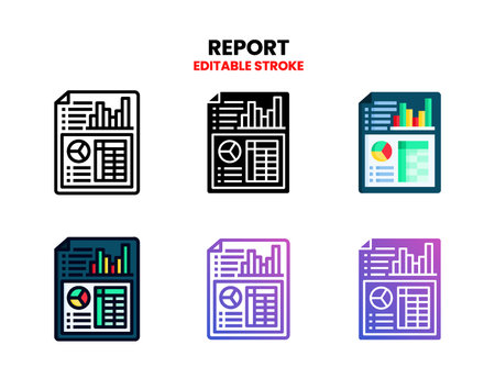 Report icon set with line, outline, flat, filled, glyph, color, gradient. Editable stroke and pixel perfect. Can be used for digital product, presentation, print design and more.のイラスト素材