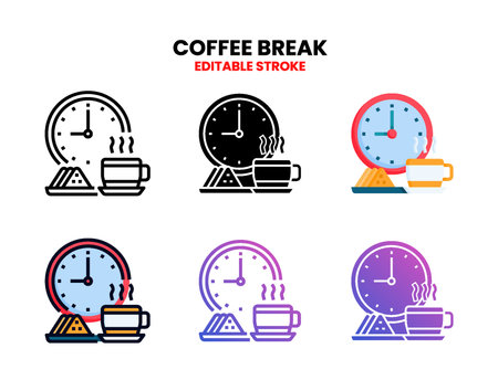 Coffee Break icon set with line, outline, flat, filled, glyph, color, gradient. Editable stroke and pixel perfect. Can be used for digital product, presentation, print design and more.のイラスト素材