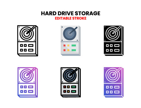 Hard driver storage hard disk icon set with line, outline, flat, filled, glyph, color, gradient. Editable stroke and pixel perfect. Can be used for digital product, presentation, print design and moreのイラスト素材
