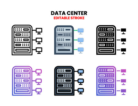 Data center icon set with line, outline, flat, filled, glyph, color, gradient. Editable stroke and pixel perfect. Can be used for digital product, presentation, print design and more.のイラスト素材