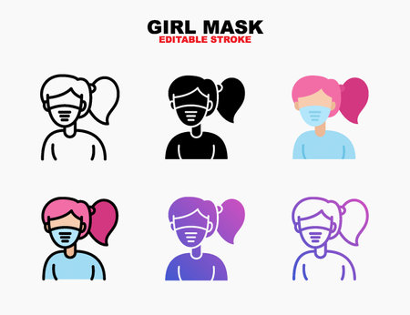 Face mask Woman Female icon style line, outline, flat, glyph, color, gradient. Editable stroke and pixel perfect. Can be used for digital product, presentation, print design and more.のイラスト素材