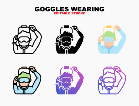 Goggle wearing man icon style line, outline, flat, glyph, color, gradient. Editable stroke and pixel perfect. Can be used for digital product, presentation, print design and more.のイラスト素材