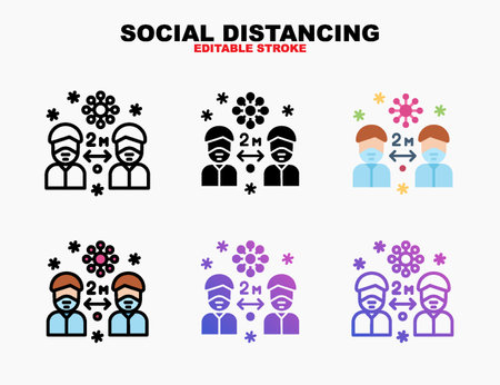 Social Distancing icon style line, outline, flat, glyph, color, gradient. Editable stroke and pixel perfect. Can be used for digital product, presentation, print design and more.のイラスト素材