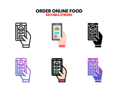 Order Online Food icon, with hand and smartphone Vector Illustration for Food Graphic Design Element. Editable Stroke and pixel perfect. Isolated on white backgroundのイラスト素材