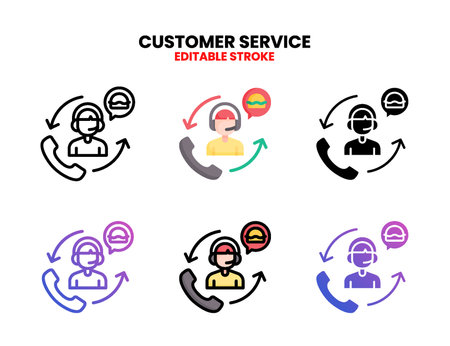 Customer Service icon, with person man and headphone Vector Illustration for Food Graphic Design Element. Editable Stroke and pixel perfect. Isolated on white backgroundのイラスト素材