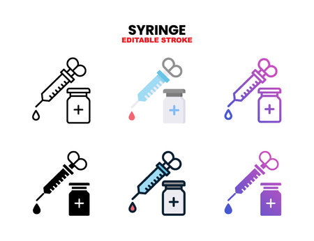 Syringe icon set style ouline, glyph, flat color and gradient. Editable Stroke and pixel perfect. Vector Illustration for Graphic Design Element. Isolated on white backgroundのイラスト素材