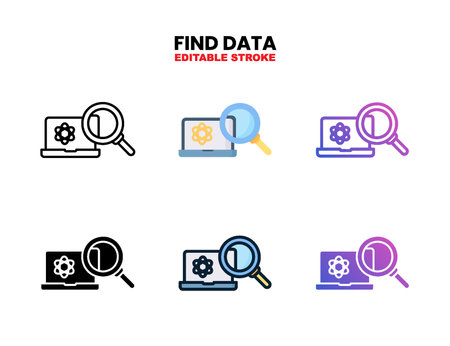 Find Data icon set style ouline, glyph, flat color and gradient. Editable Stroke and pixel perfect. Vector Illustration for Graphic Design Element. Isolated on white backgroundのイラスト素材