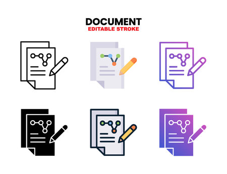 Document icon set style ouline, glyph, flat color and gradient. Editable Stroke and pixel perfect. Vector Illustration for Graphic Design Element. Isolated on white backgroundのイラスト素材