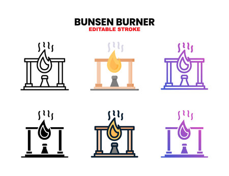 Bunsen Burner icon set style ouline, glyph, flat color and gradient. Editable Stroke and pixel perfect. Vector Illustration for Graphic Design Element. Isolated on white backgroundのイラスト素材