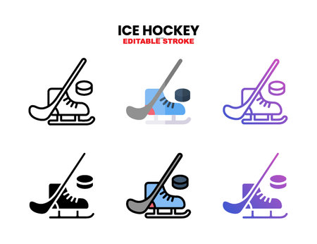 Ice Hockey icon set with different styles. Icons designed in outline, flat, glyph, line colored and gradient. Can be used for web, mobile, ui and more. Enjoy this icon for your project.のイラスト素材