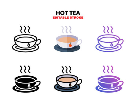 Hot Tea icon set with different styles. Icons designed in outline, flat, glyph, line colored and gradient. Can be used for web, mobile, ui and more. Enjoy this icon for your project.のイラスト素材