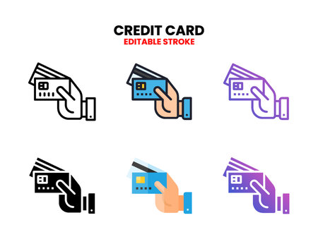 Credit Card icon set style ouline, glyph, flat color and gradient. Editable Stroke and pixel perfect. Vector Illustration for Graphic Design Element. Isolated on white backgroundのイラスト素材