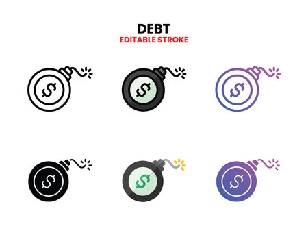 Debt icon set style ouline, glyph, flat color and gradient. Editable Stroke and pixel perfect. Vector Illustration for Graphic Design Element. Isolated on white backgroundのイラスト素材