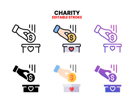 Charity icon set style ouline, glyph, flat color and gradient. Editable Stroke and pixel perfect. Vector Illustration for Graphic Design Element. Isolated on white backgroundのイラスト素材