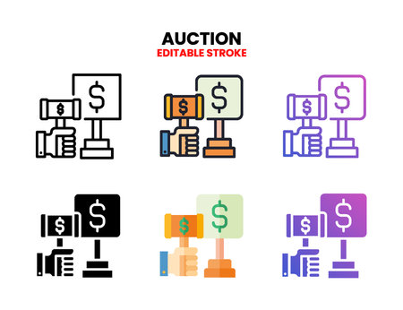Auction icon set style ouline, glyph, flat color and gradient. Editable Stroke and pixel perfect. Vector Illustration for Graphic Design Element. Isolated on white backgroundのイラスト素材